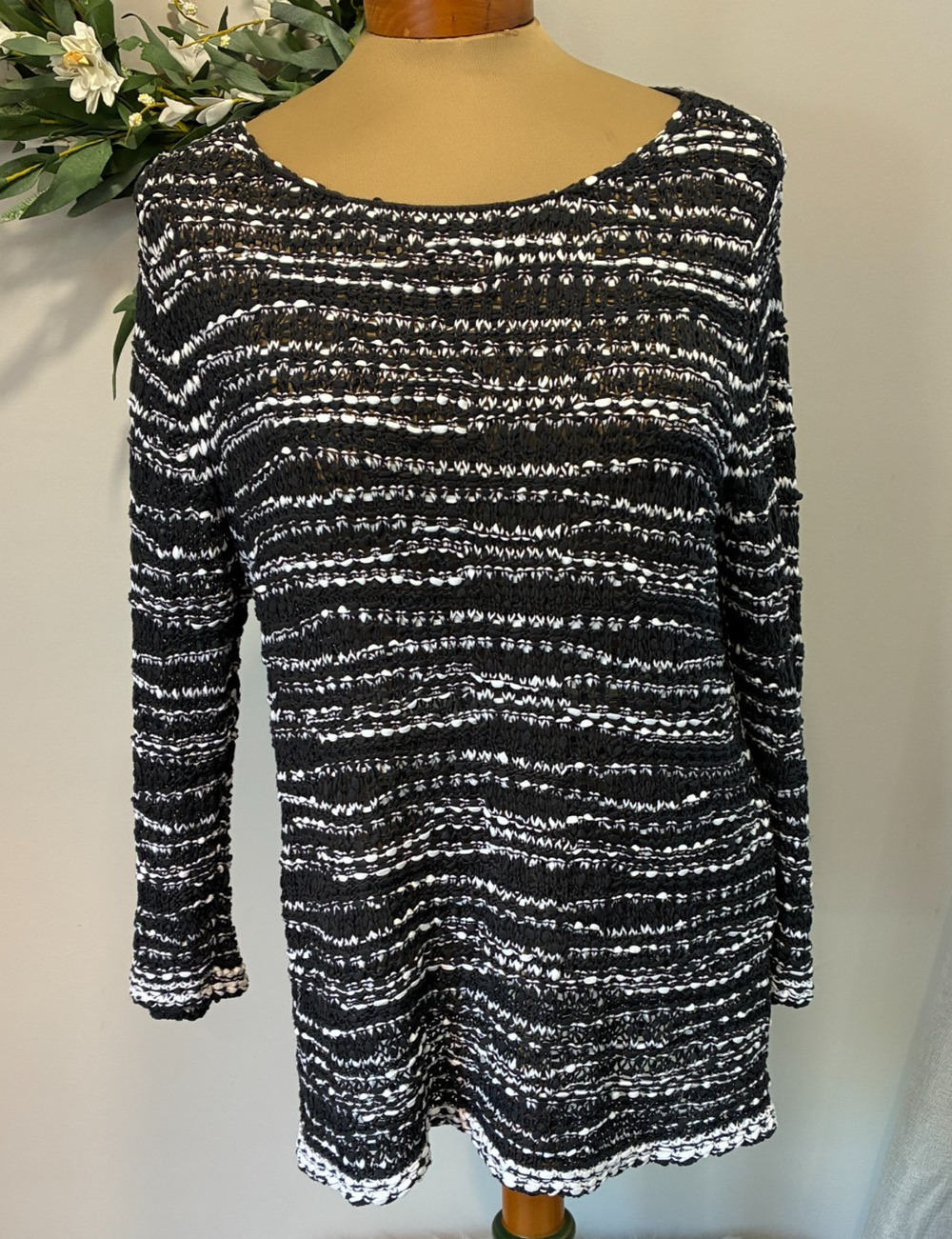 Eileen Fisher Black White Striped Loose Open Knit Pullover Sweater, Size Medium